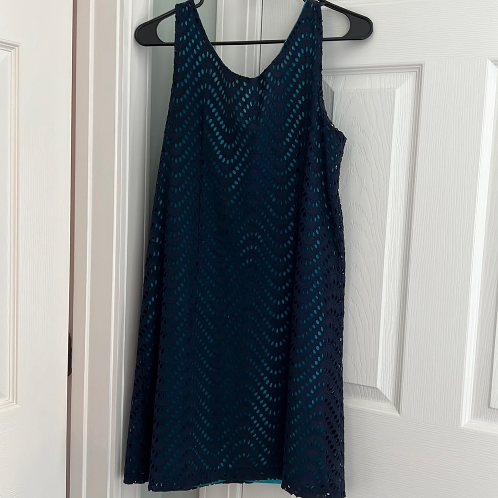 Tracy Negoshian navy sleeveless eyelet detail dress